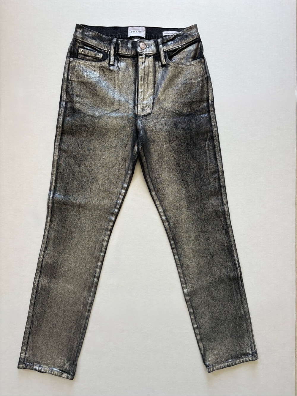 Frame Le Sylvie Slender Straight Denim Womens 27 Coated Black Denim Flawed